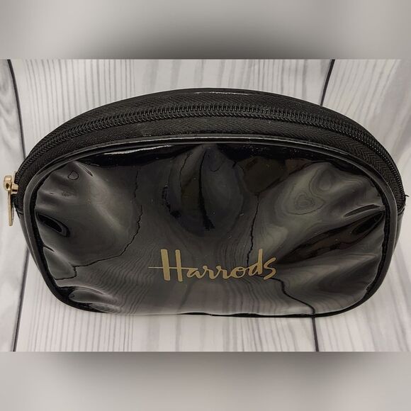 Harrods Glossy Black Patent Makeup Cosmetic Bag Case Gold Logo - Picture 2 of 14